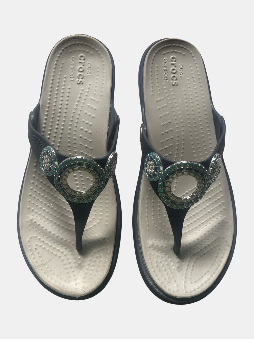 Crocs Sanrah Beaded Circle Wedge Flip Flops Navy Blue Turquoise Womens 7